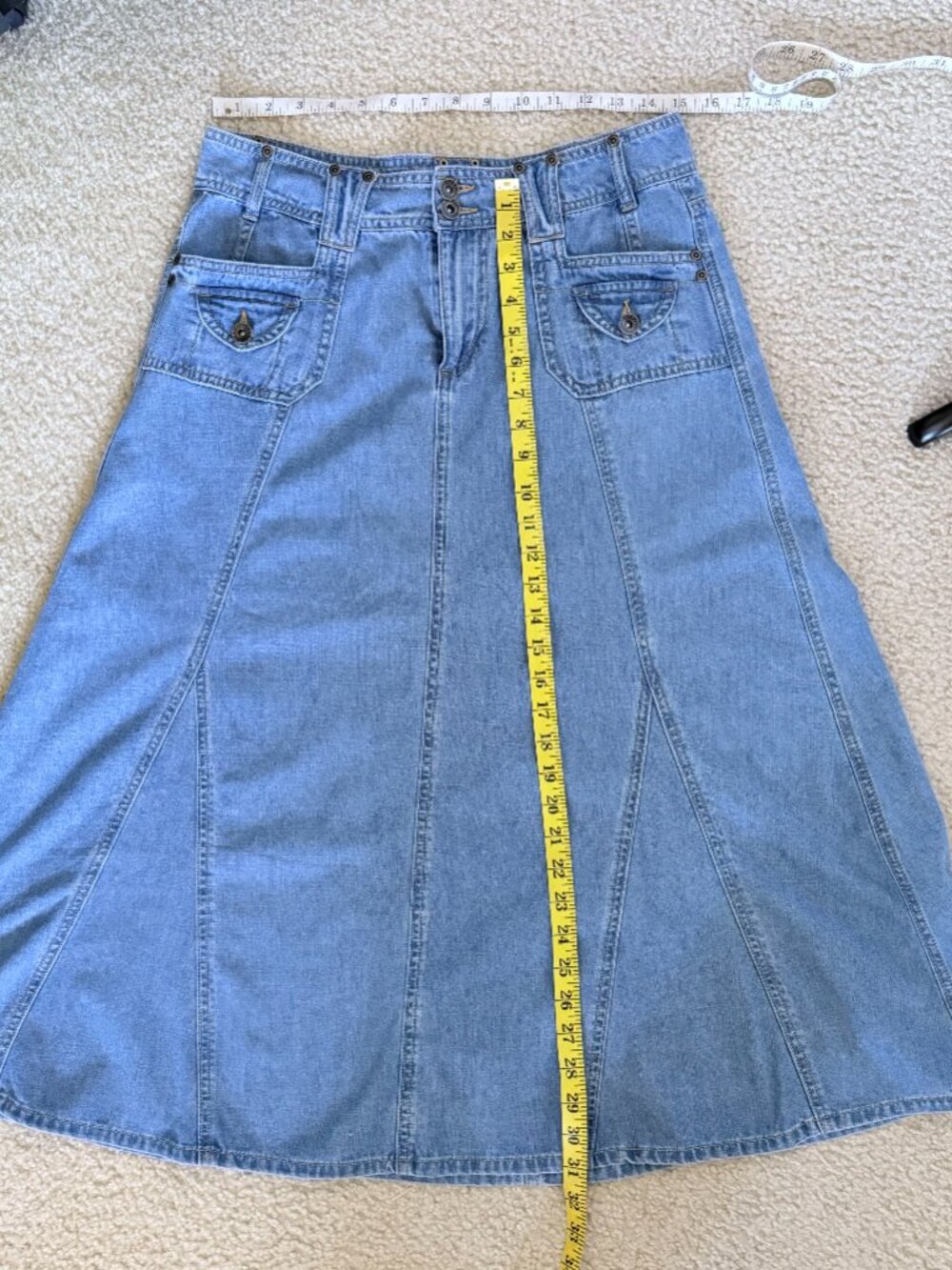 Ghanda Vintage Utility Denim Maxi Skirt - Paneled Boho A-Line Light Wash - Picture 13 of 13